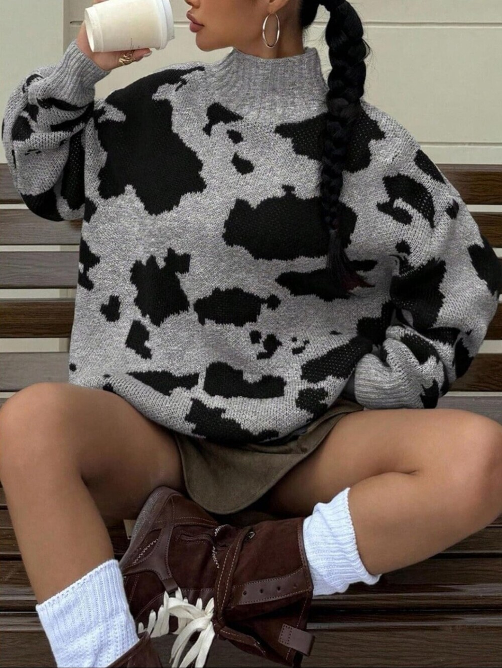 Slouchy Cow Print Gray Black Turtleneck Sweater Oversized Street Fall Winter, L - Picture 4 of 4